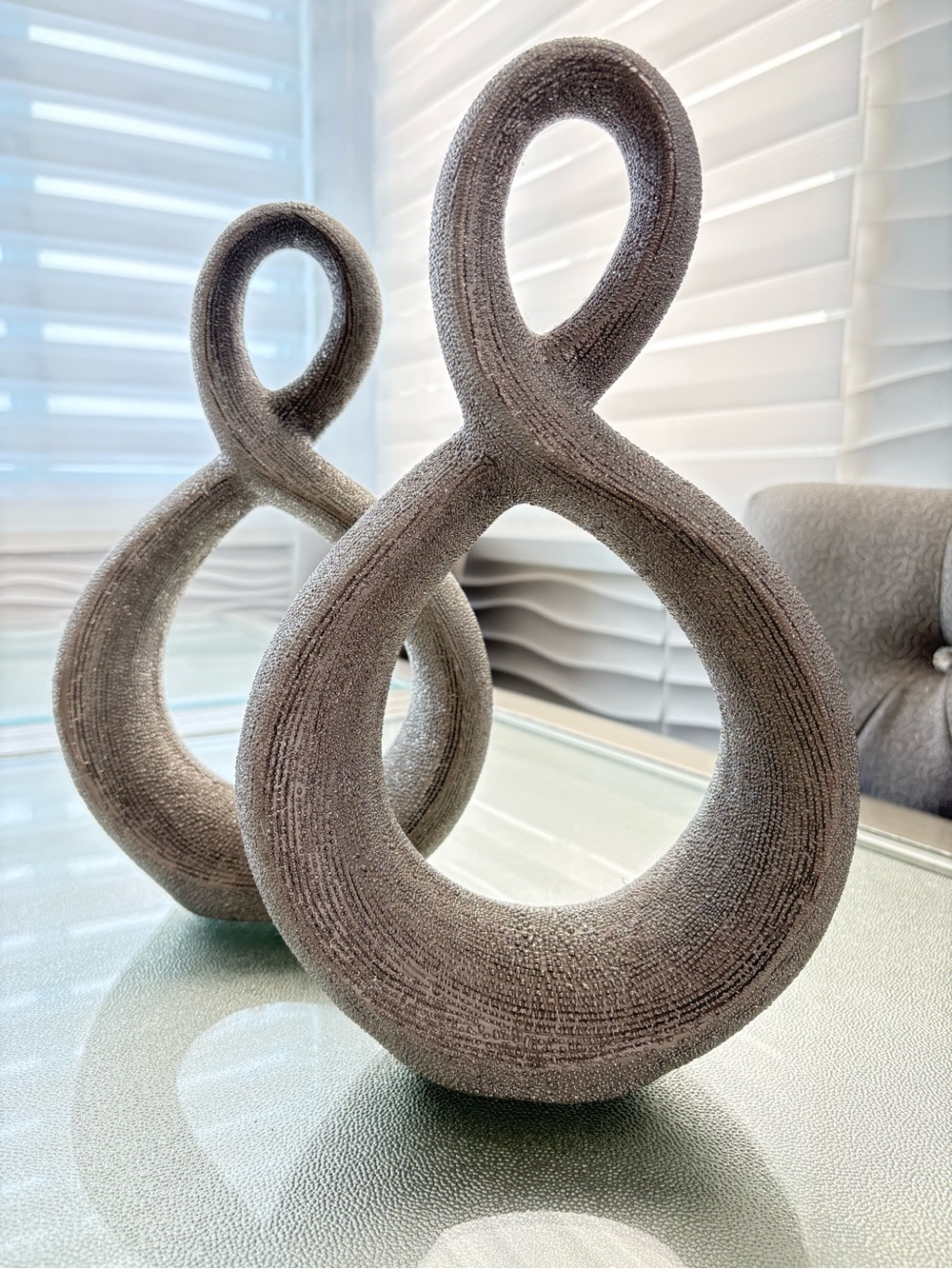 Modern Abstract Loop Sculptures — Neutral Gray Pair
